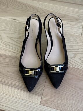 Tommy Hilfiger Black Pointed Slingback Flats with Gold Buckle